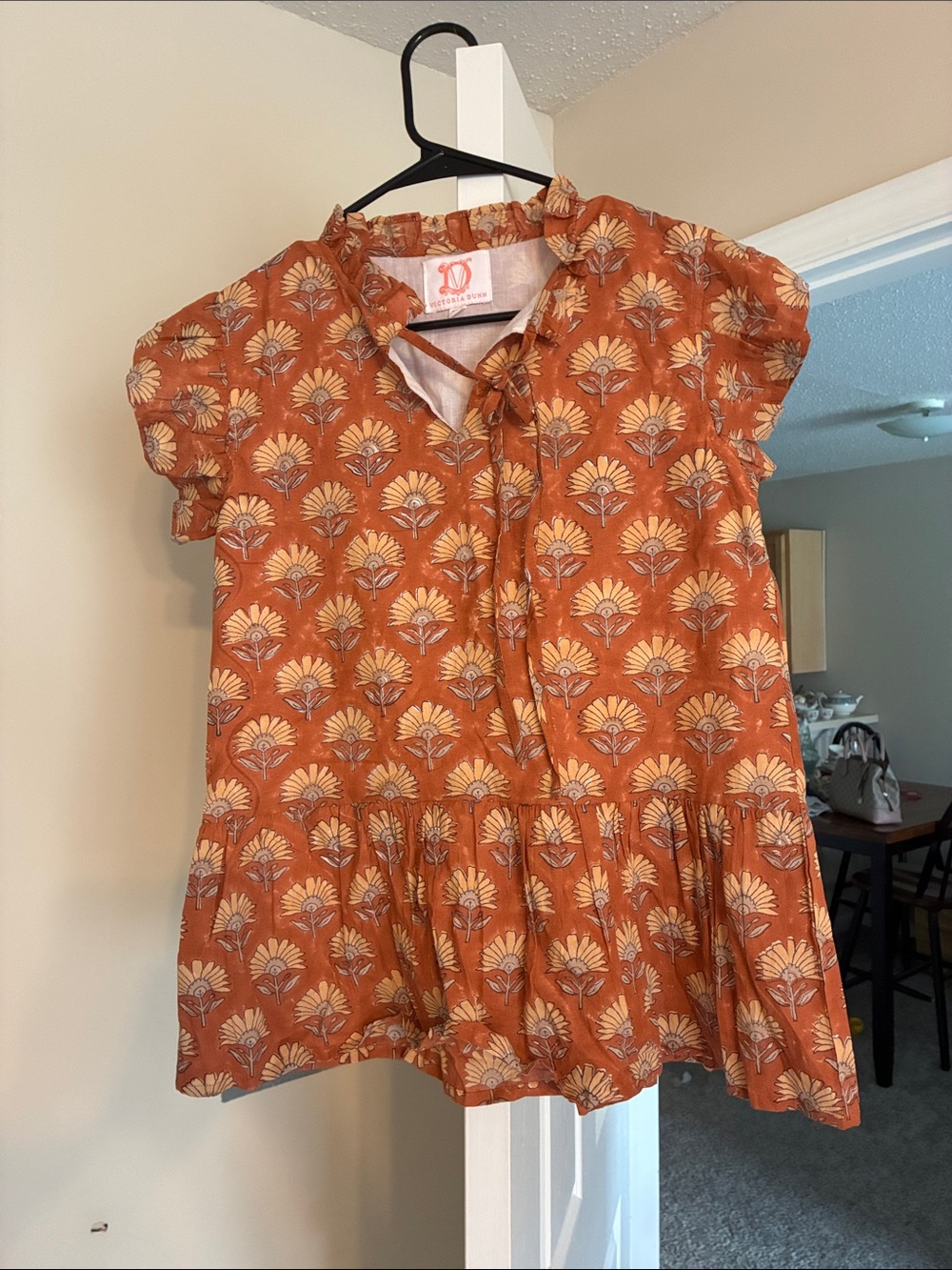 Victoria Dunn Burnt Orange Floral Tie-Neck Top